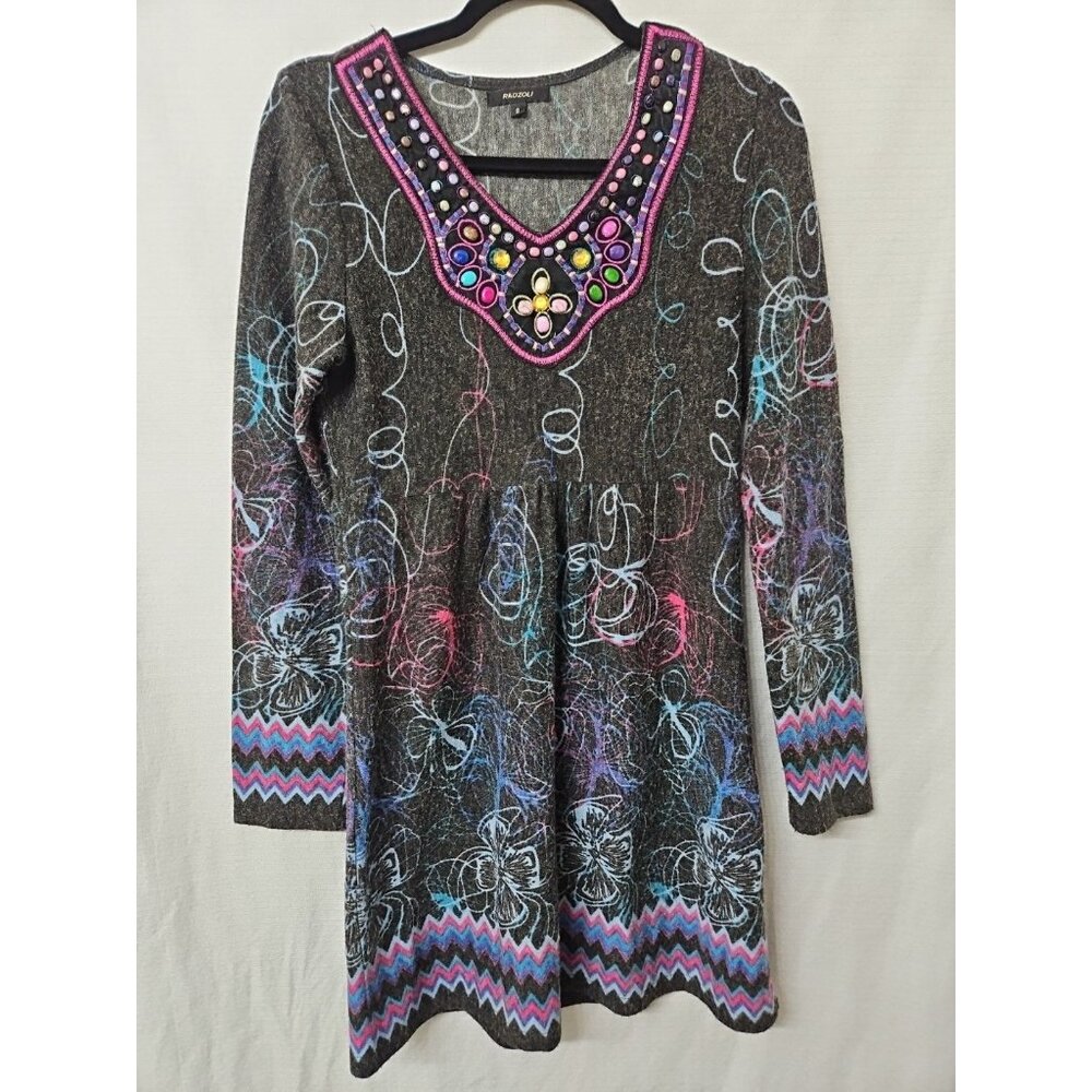 Womens Sz Small Radzou Fleece Dress Embroidered Beads Art To Wear Floral Warm